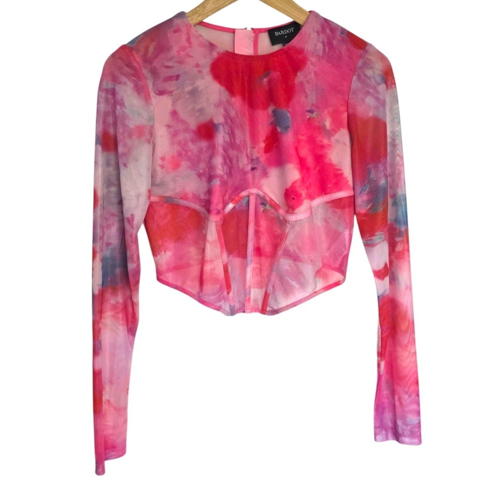 Bardot Lena Mesh Corset Top Pink Sheer Cropped Long Sleeve‎ Crewneck Medium - Picture 2 of 11